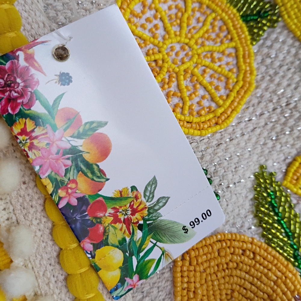 NEW America & Beyond Beaded Lemon Pom Pom Woven Cotton Summer Travel Beach Tote - Picture 9 of 16